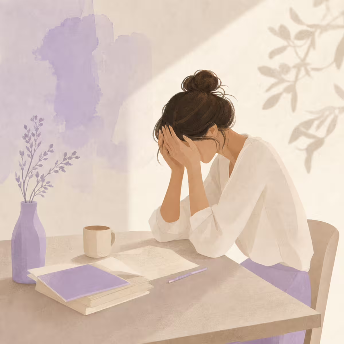 Ilustracja kobiety siedzącej przy biurku z głową w dłoniach, obok książki, kubek i wazon z kwiatami